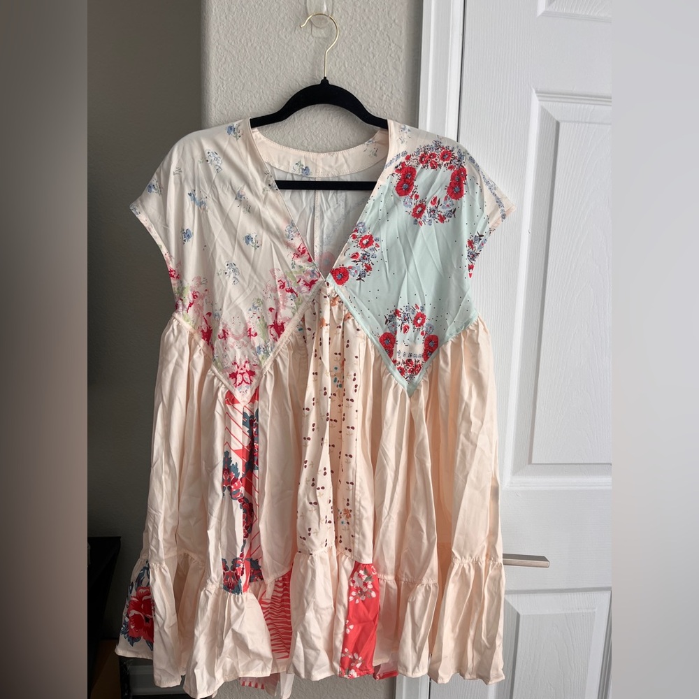 SHEIN Floral Patchwork Mini Dress - Cream and Red